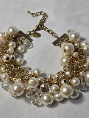 DKD Gold Tone Cluster Bracelet Rows Faux Pearls Clear Faceted Beads